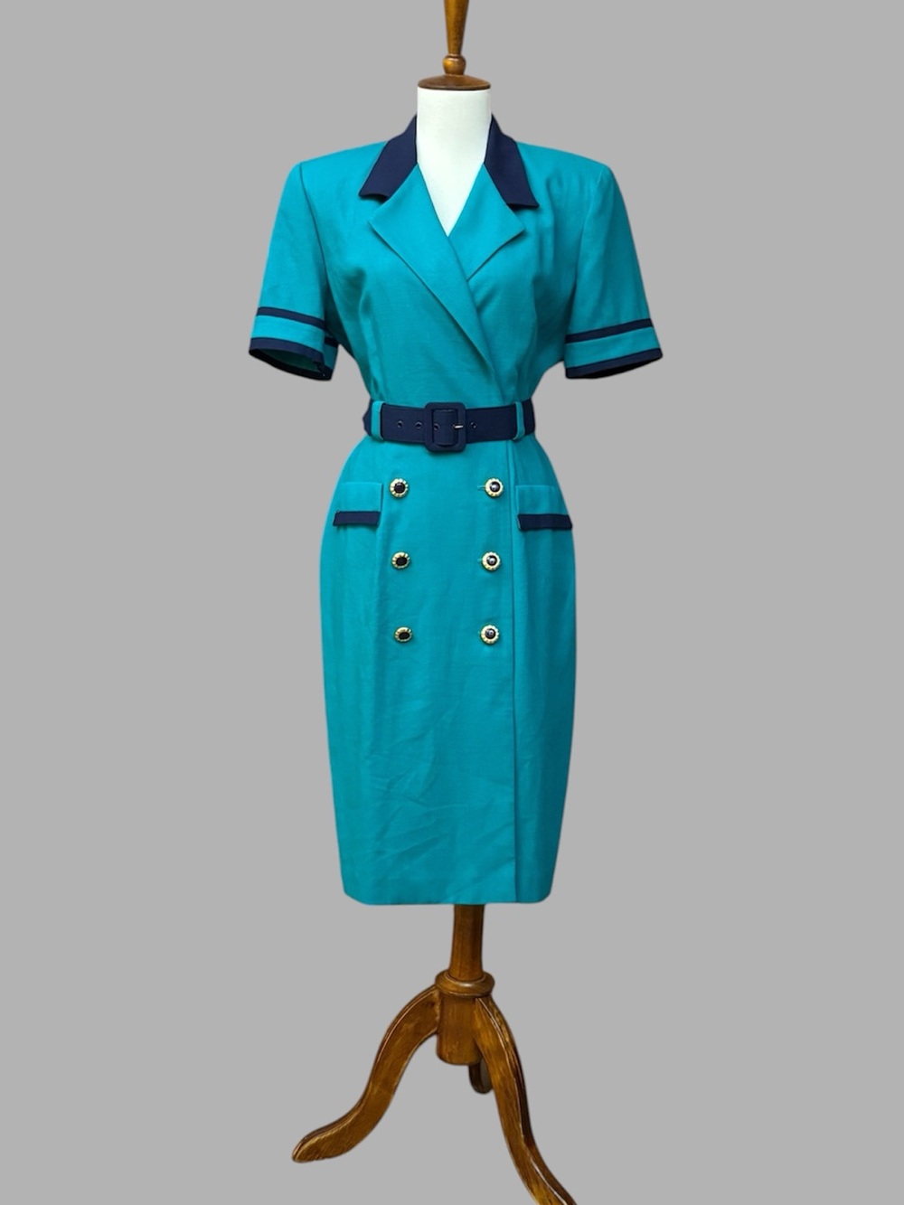 Vintage Petite Sophisticate Midi Dress Size 10P Double-Breasted Belted Dress